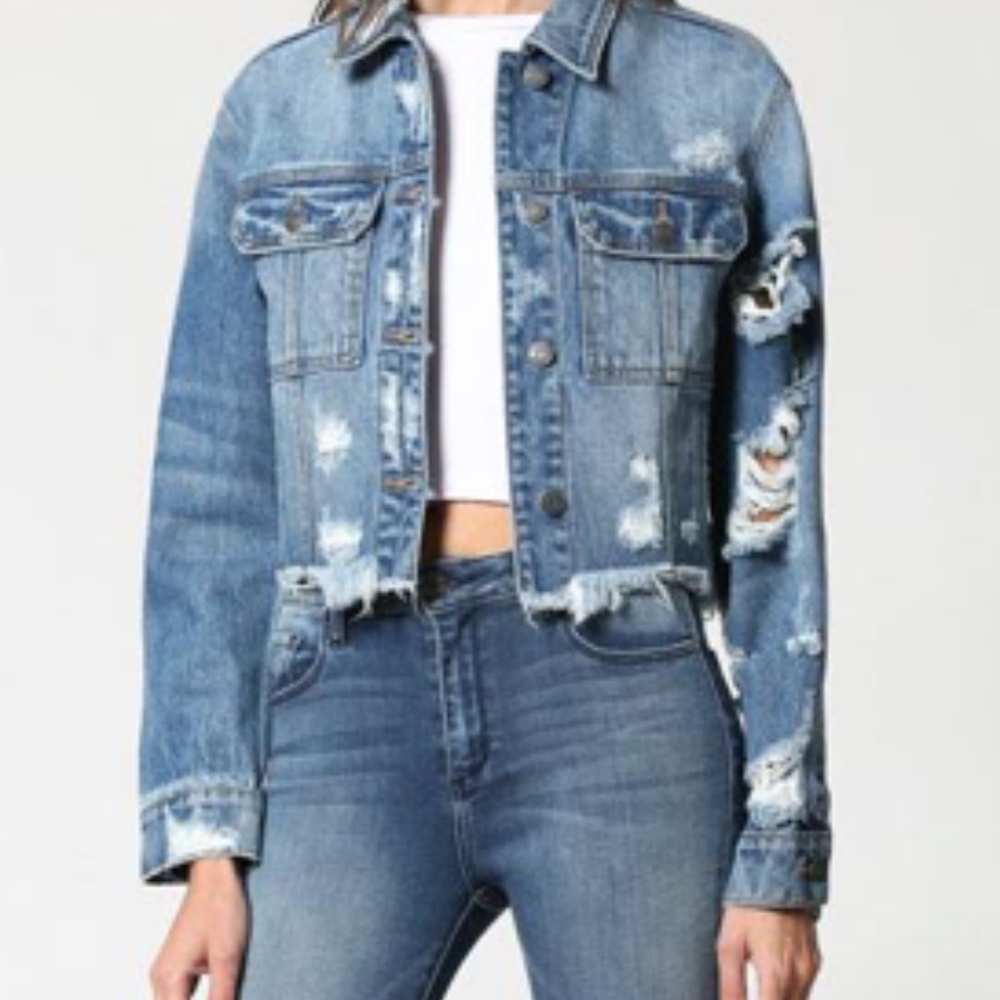 Hidden Distressed Jean Jacket